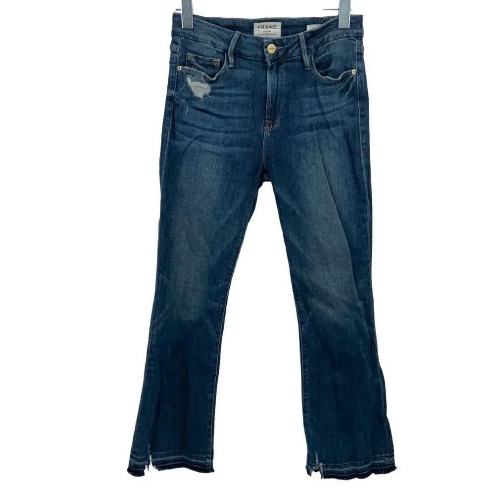 Frame Denim Women's Jeans Size 27 Le Crop Mini Boot Distressed Blue Raw Hem